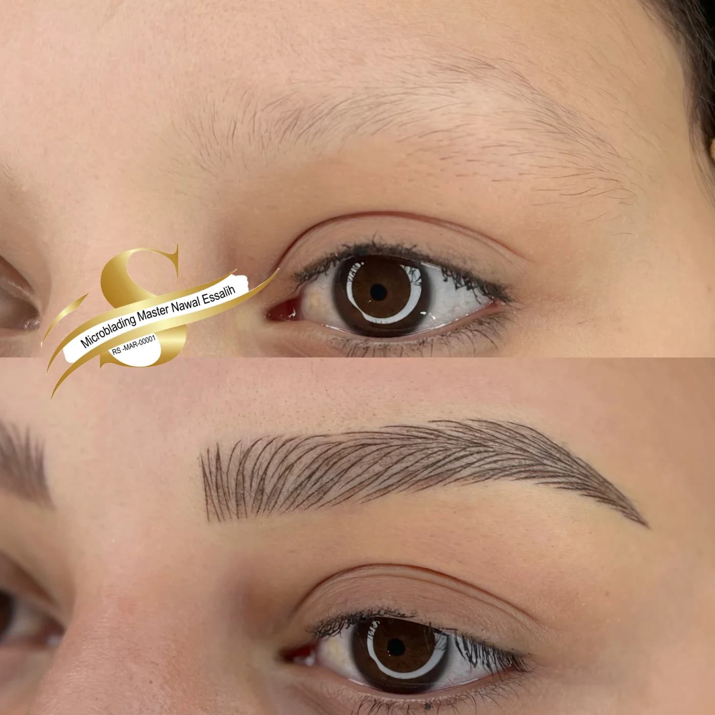 Micro shading par Nawal Essalih : le sourcil avant (en haut) et après (en bas), traits fins et ombrage léger