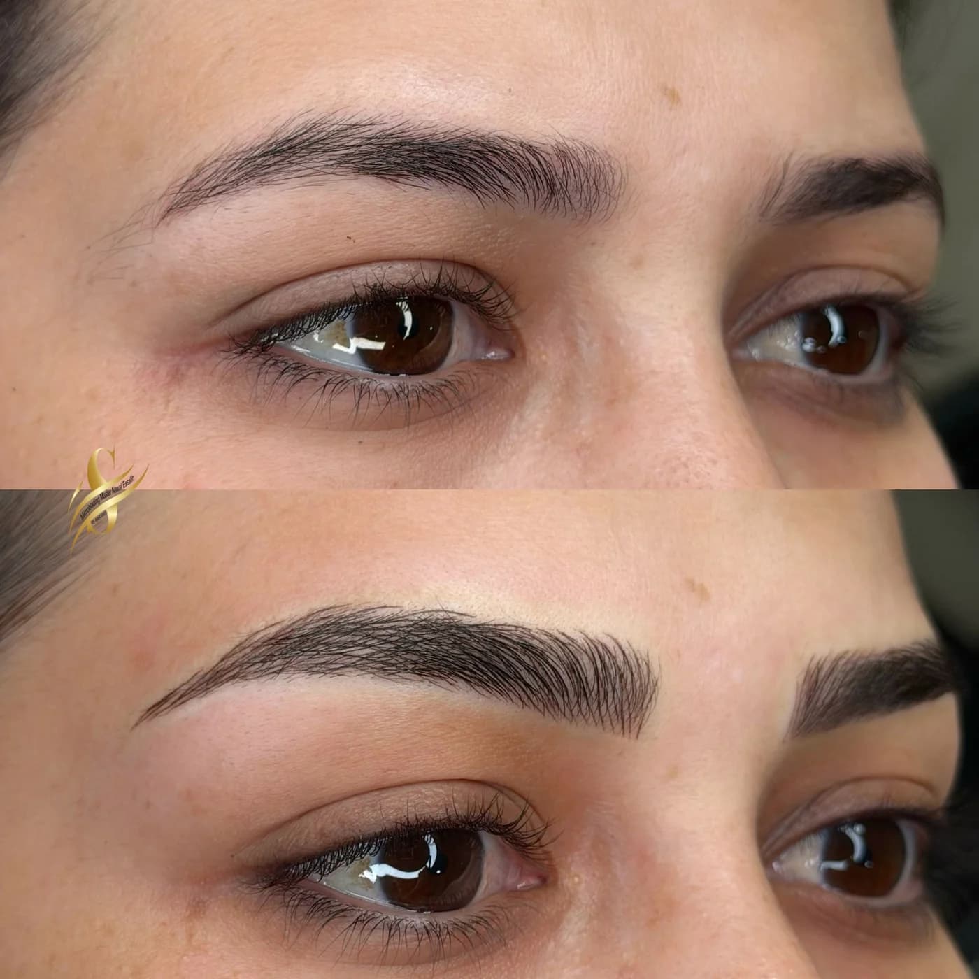 Microblading par Nawal Essalih : les sourcils avant (en haut) et après (en bas), traits fins tracés à la main