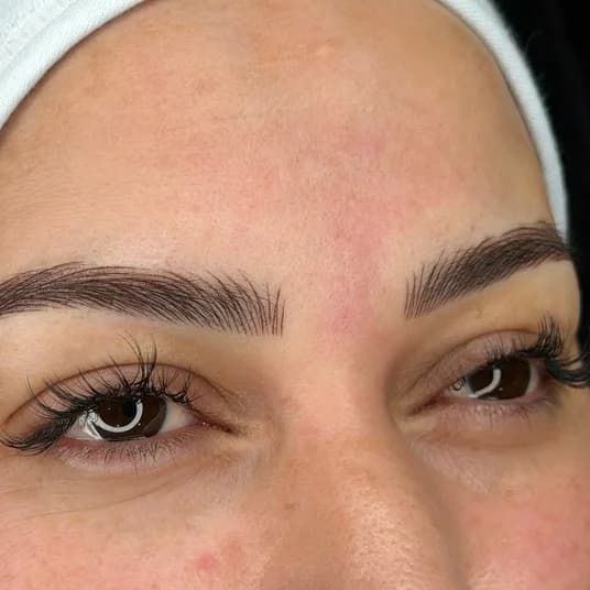 Gros plan d'un sourcil réalisé en nano strokes, traits fins dessinés poil à poil